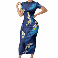 Teal Purple Banana Leaf Hawaii Short Sleeve Bodycon Dress Lau Maia Plumeria Tropical Summer Vibes LT14 Long Dress Teal Purple - Polynesian Pride