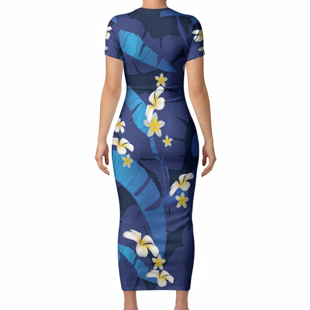 Teal Purple Banana Leaf Hawaii Short Sleeve Bodycon Dress Lau Maia Plumeria Tropical Summer Vibes LT14 - Polynesian Pride
