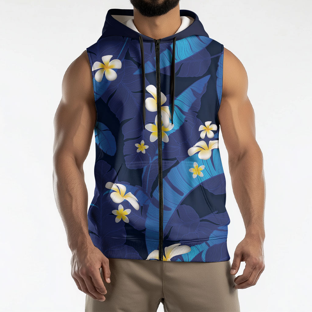 Teal Purple Banana Leaf Hawaii Sleeveless Zip Hoodie Lau Maia Plumeria Tropical Summer Vibes LT14 - Polynesian Pride