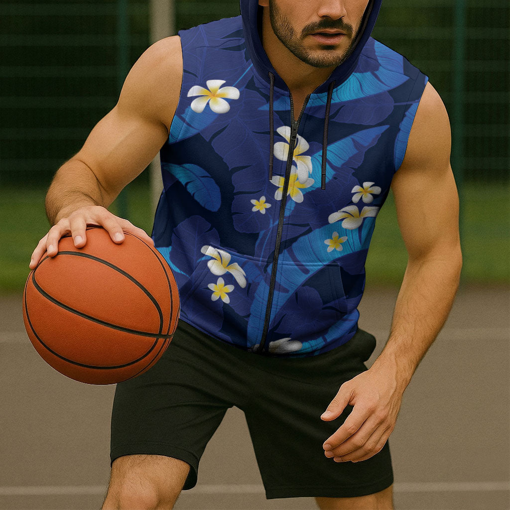 Teal Purple Banana Leaf Hawaii Sleeveless Zip Hoodie Lau Maia Plumeria Tropical Summer Vibes LT14 - Polynesian Pride