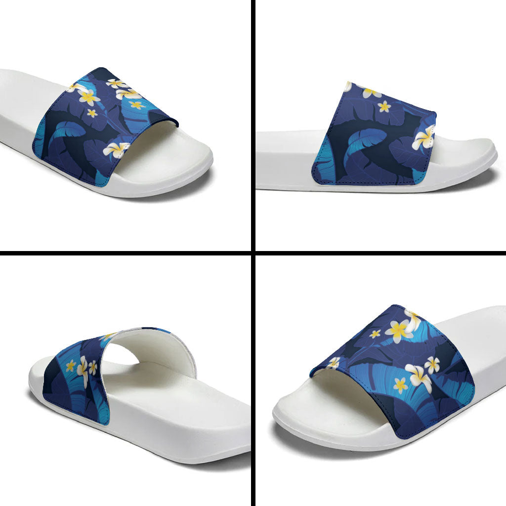 Teal Purple Banana Leaf Hawaii Slide Sandals Lau Maia Plumeria Tropical Summer Vibes LT14 - Polynesian Pride