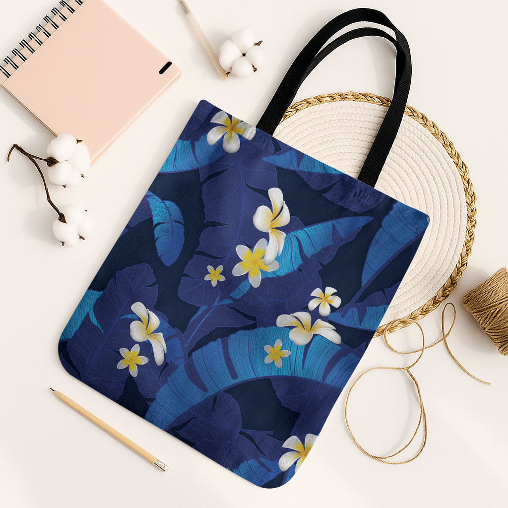 Teal Purple Banana Leaf Hawaii Tote Bag Lau Maia Plumeria Tropical Summer Vibes LT14 Black Strap One Size Teal Purple - Polynesian Pride