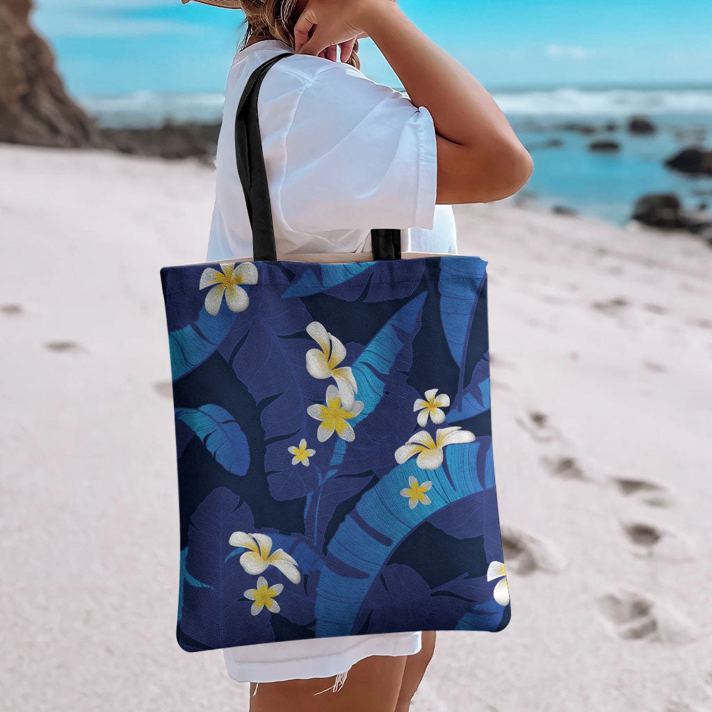 Teal Purple Banana Leaf Hawaii Tote Bag Lau Maia Plumeria Tropical Summer Vibes LT14 - Polynesian Pride