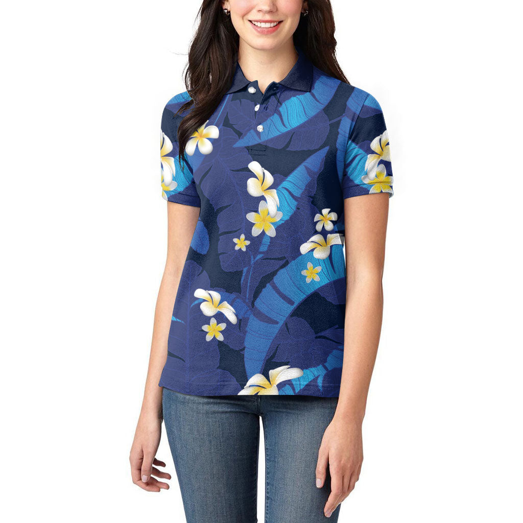 Teal Purple Banana Leaf Hawaii Women Polo Shirt Lau Maia Plumeria Tropical Summer Vibes LT14 - Polynesian Pride