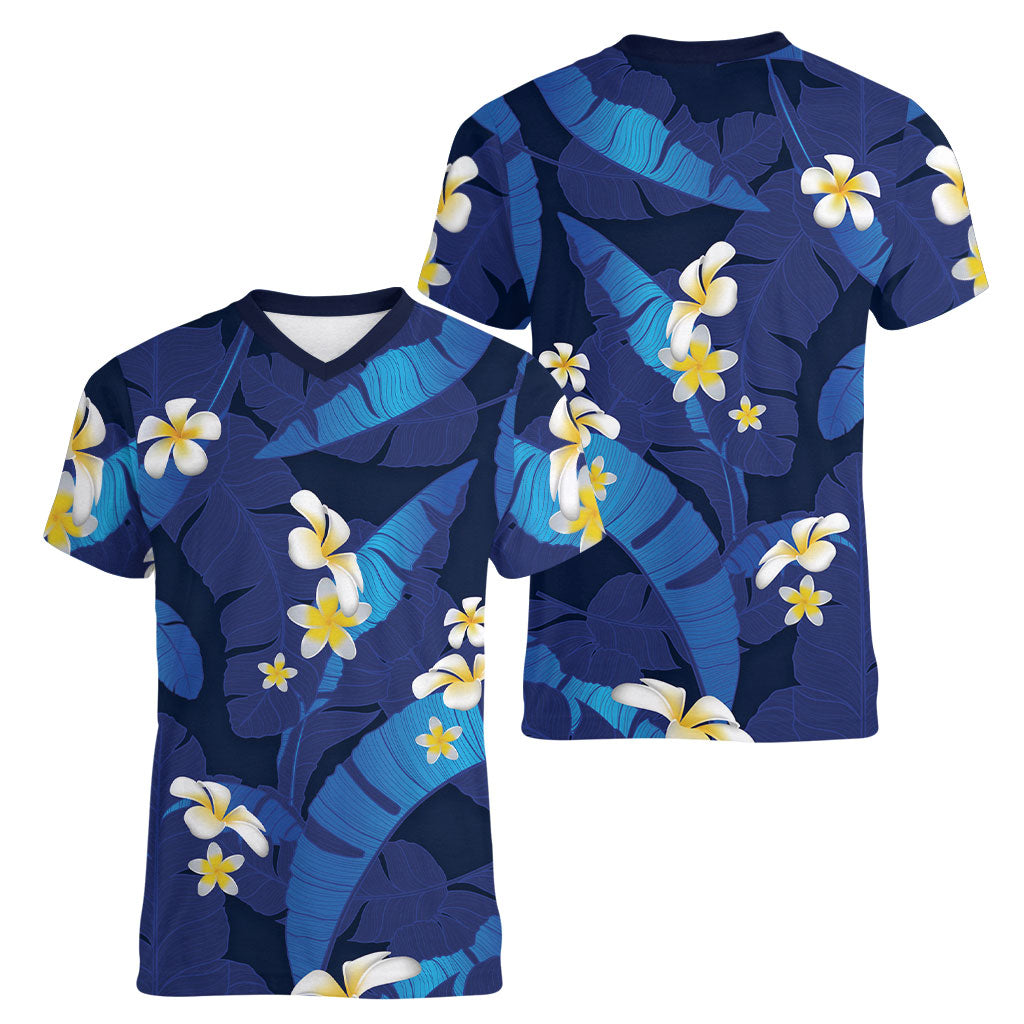 Teal Purple Banana Leaf Hawaii Women V-Neck T-Shirt Lau Maia Plumeria Tropical Summer Vibes LT14 - Polynesian Pride