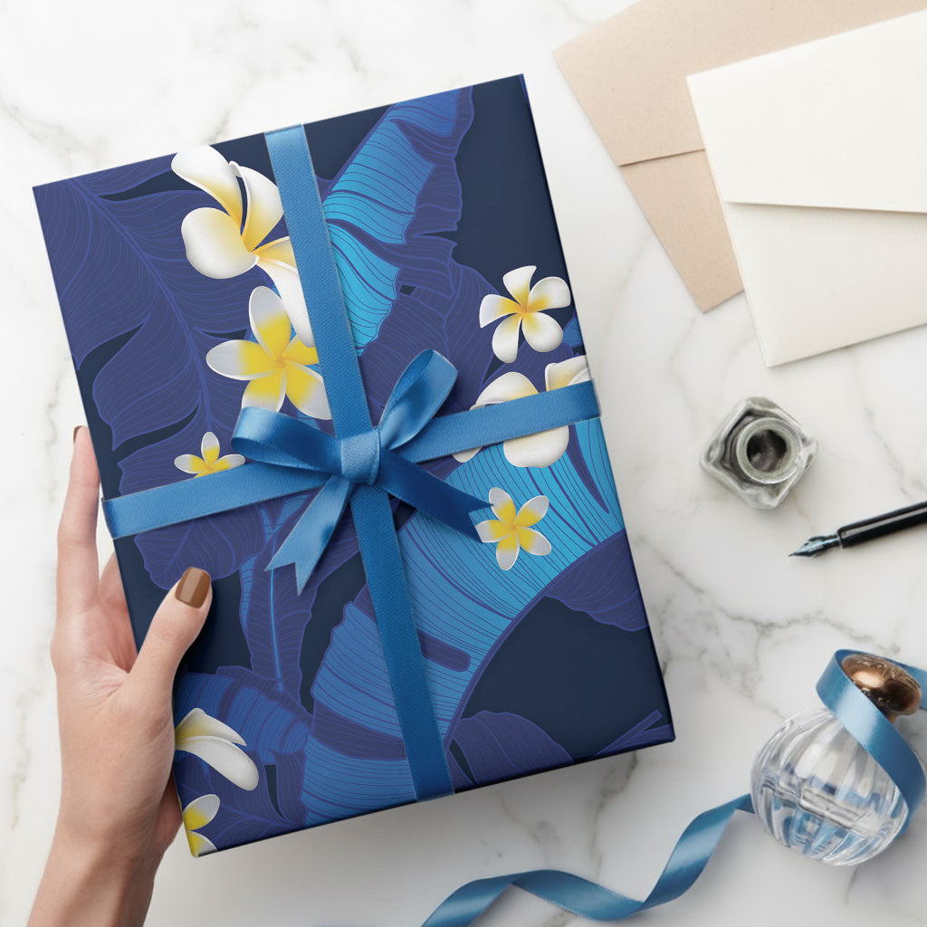 Teal Purple Banana Leaf Hawaii Wrapping Paper Lau Maia Plumeria Tropical Summer Vibes LT14 - Polynesian Pride