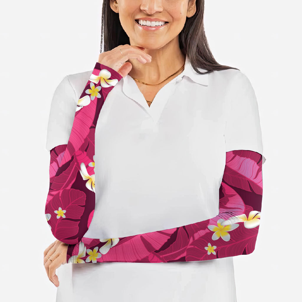 Pink Banana Leaf Hawaii Arm Sleeves Lau Maia Plumeria Tropical Summer Vibes LT14 - Polynesian Pride
