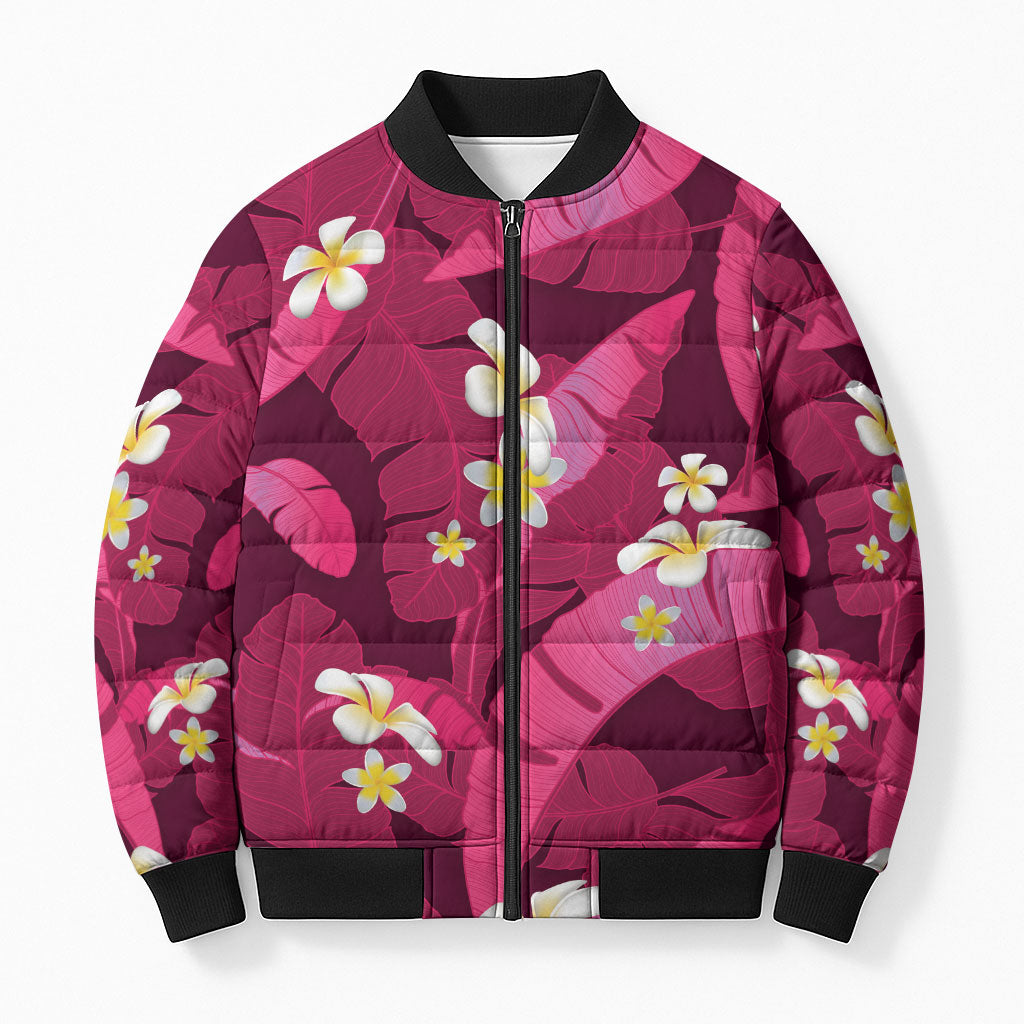 Pink Banana Leaf Hawaii Bomber Puffer Jacket Lau Maia Plumeria Tropical Summer Vibes LT14 Unisex Pink - Polynesian Pride