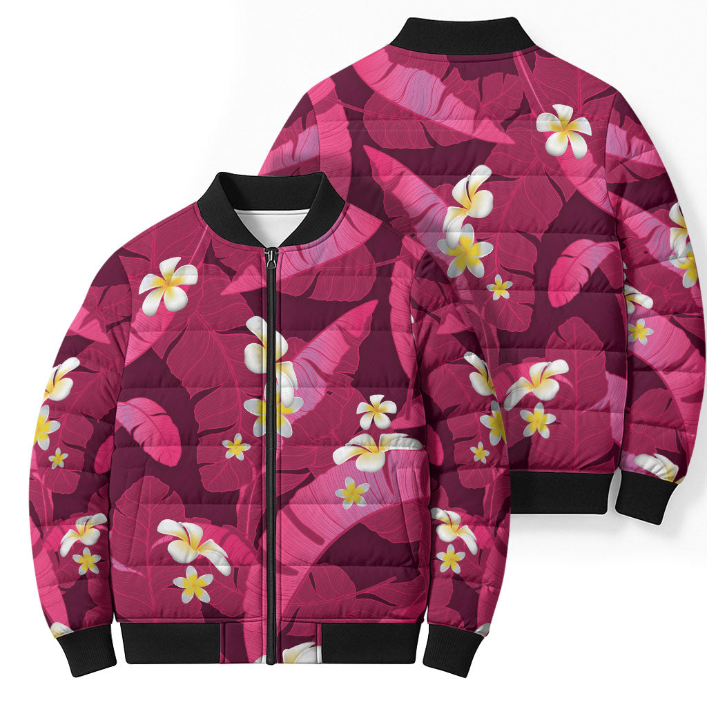 Pink Banana Leaf Hawaii Bomber Puffer Jacket Lau Maia Plumeria Tropical Summer Vibes LT14 - Polynesian Pride