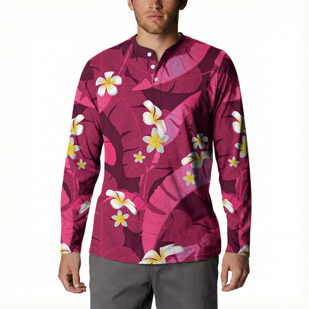 Pink Banana Leaf Hawaii Button Sweatshirt Lau Maia Plumeria Tropical Summer Vibes LT14 - Polynesian Pride