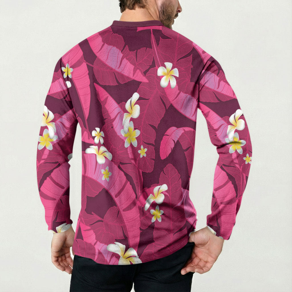 Pink Banana Leaf Hawaii Button Sweatshirt Lau Maia Plumeria Tropical Summer Vibes LT14 - Polynesian Pride