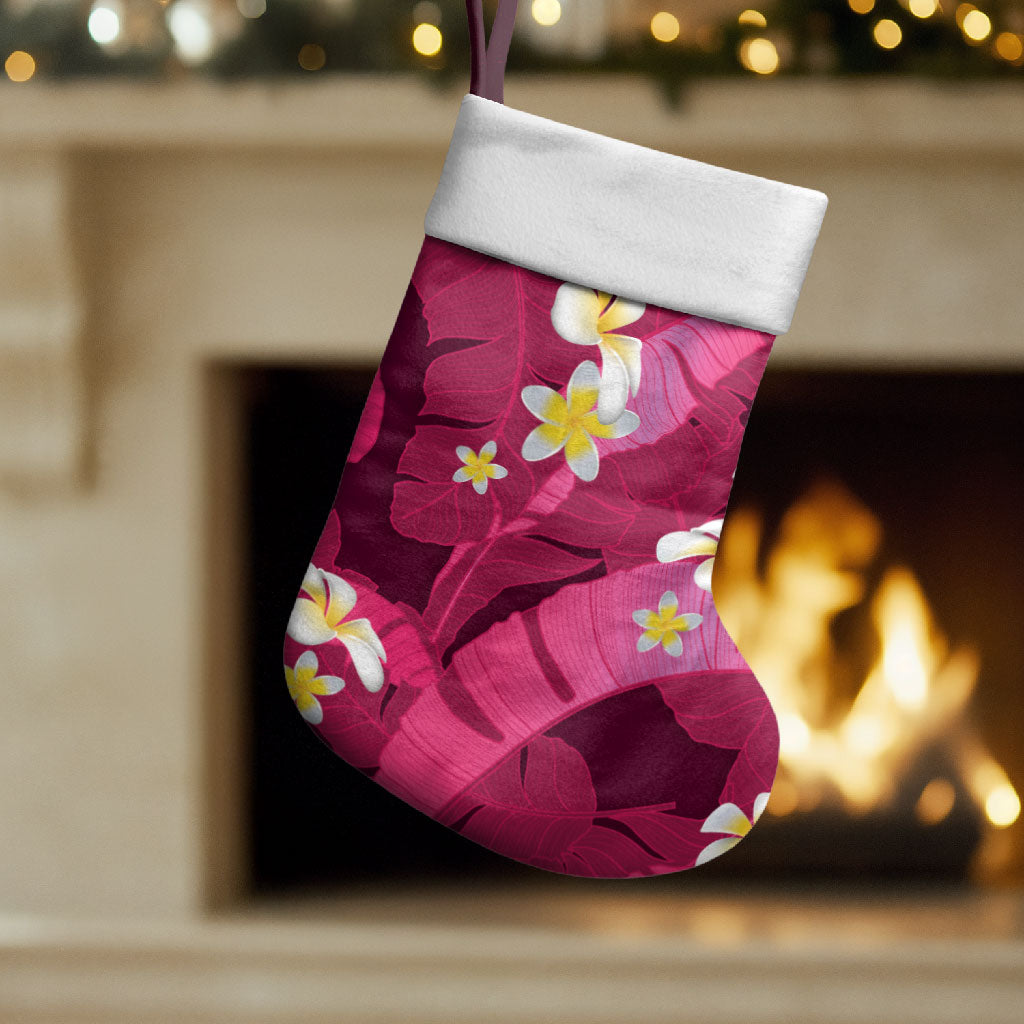 Pink Banana Leaf Hawaii Christmas Stocking Lau Maia Plumeria Tropical Summer Vibes