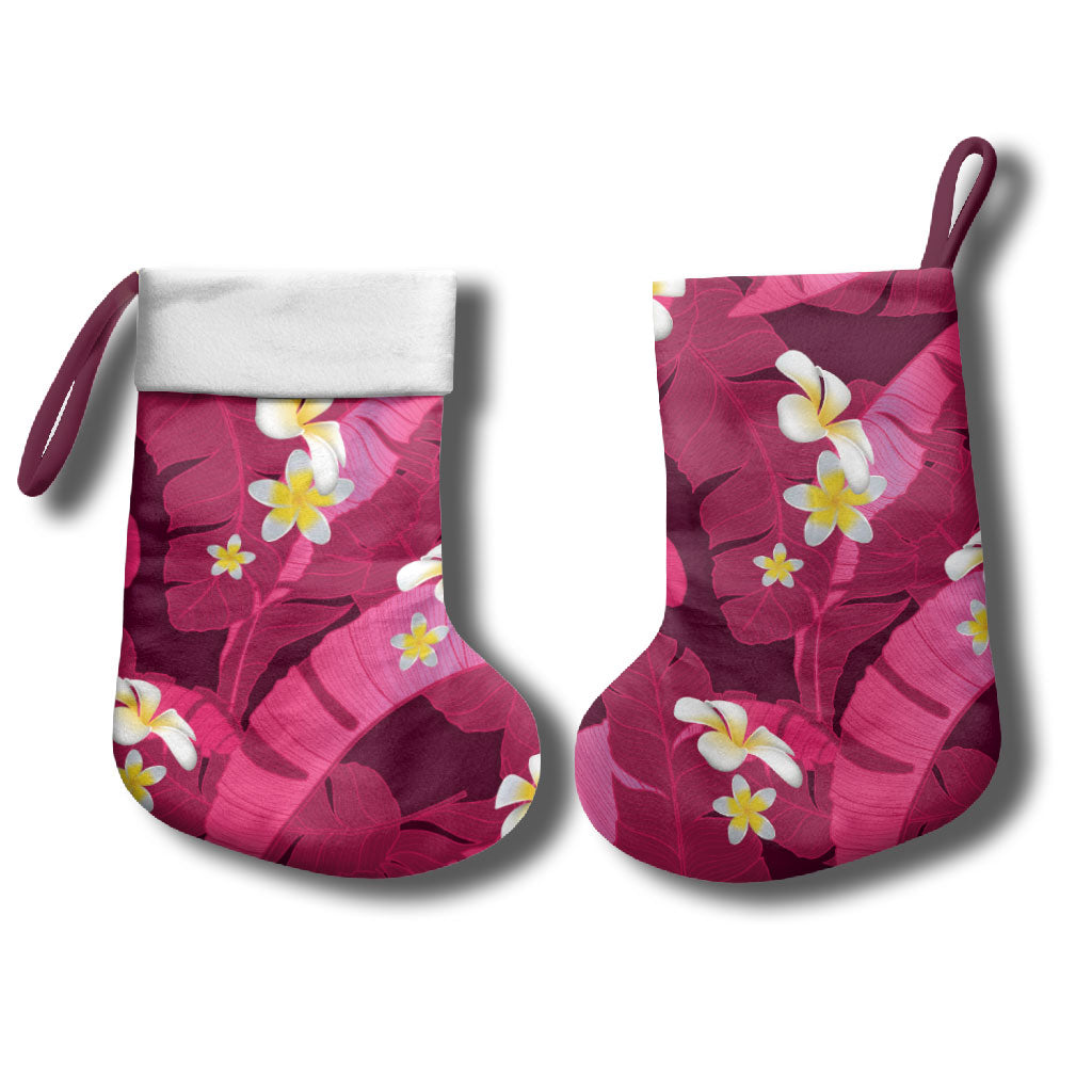 Pink Banana Leaf Hawaii Christmas Stocking Lau Maia Plumeria Tropical Summer Vibes