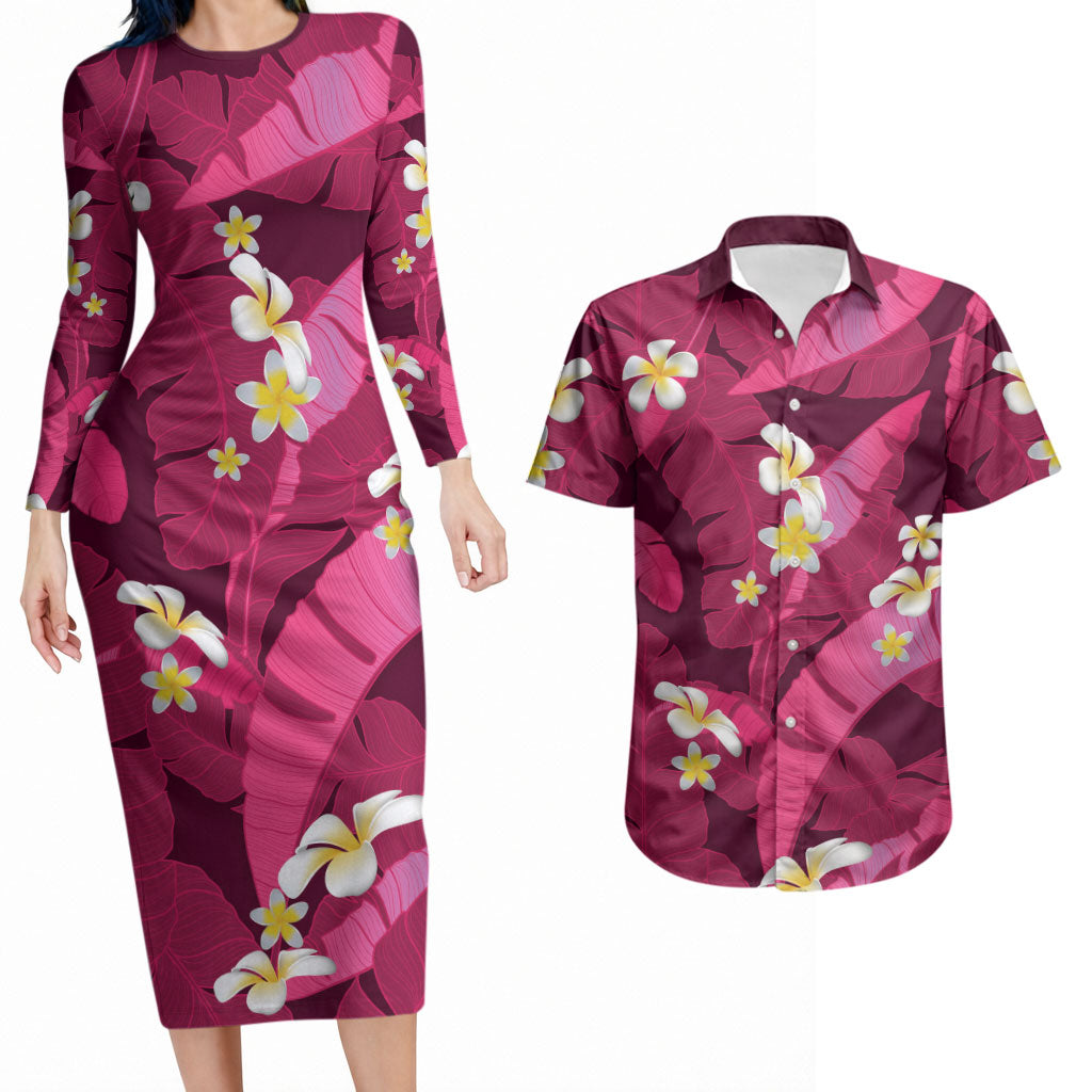 Pink Banana Leaf Hawaii Couples Matching Long Sleeve Bodycon Dress and Hawaiian Shirt Lau Maia Plumeria Tropical Summer Vibes LT14 Pink - Polynesian Pride