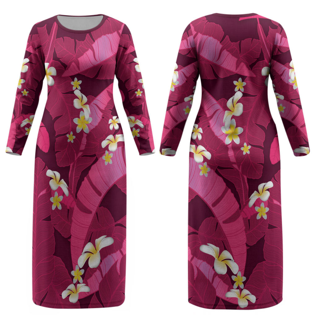 Pink Banana Leaf Hawaii Couples Matching Long Sleeve Bodycon Dress and Hawaiian Shirt Lau Maia Plumeria Tropical Summer Vibes LT14 - Polynesian Pride