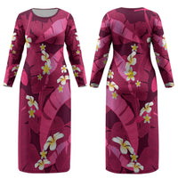 Pink Banana Leaf Hawaii Couples Matching Long Sleeve Bodycon Dress and Hawaiian Shirt Lau Maia Plumeria Tropical Summer Vibes LT14 - Polynesian Pride