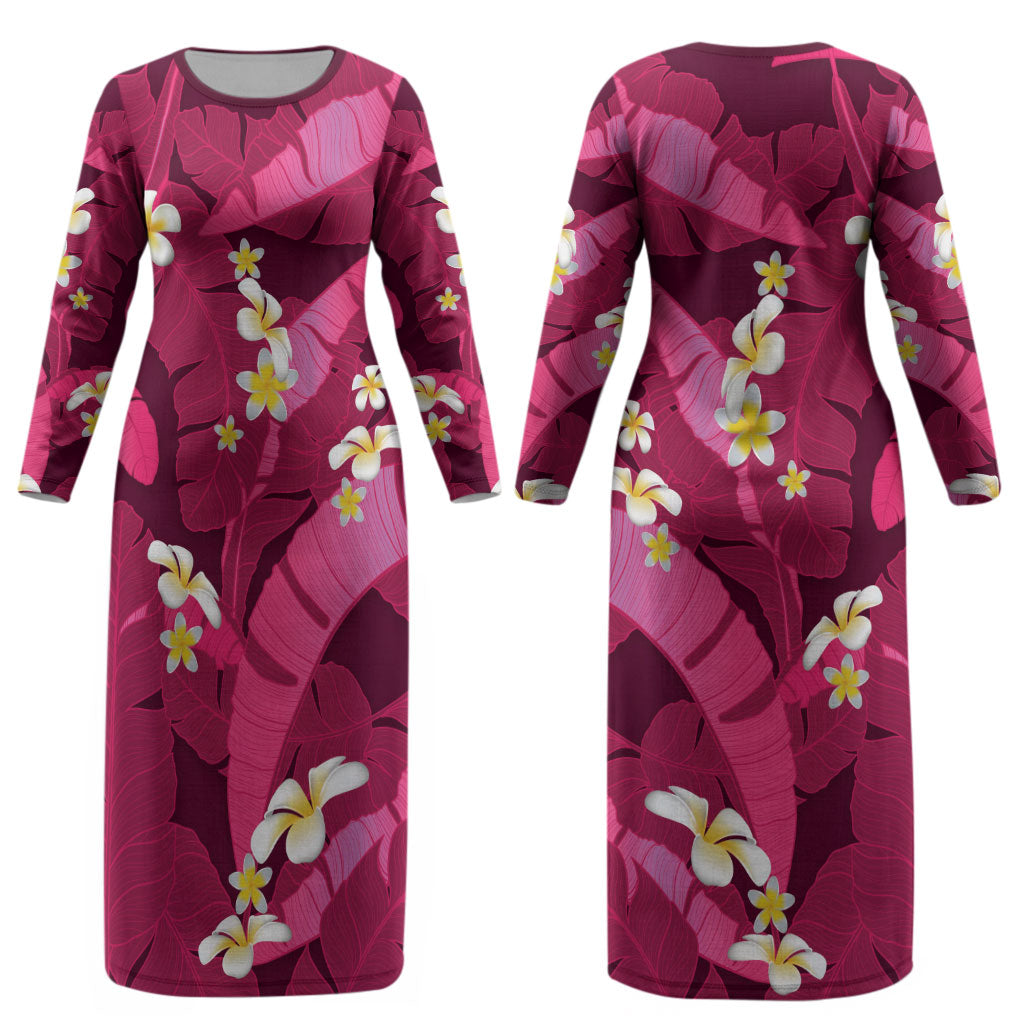 Pink Banana Leaf Hawaii Couples Matching Long Sleeve Bodycon Dress and Long Sleeve Button Shirt Lau Maia Plumeria Tropical Summer Vibes LT14 - Polynesian Pride
