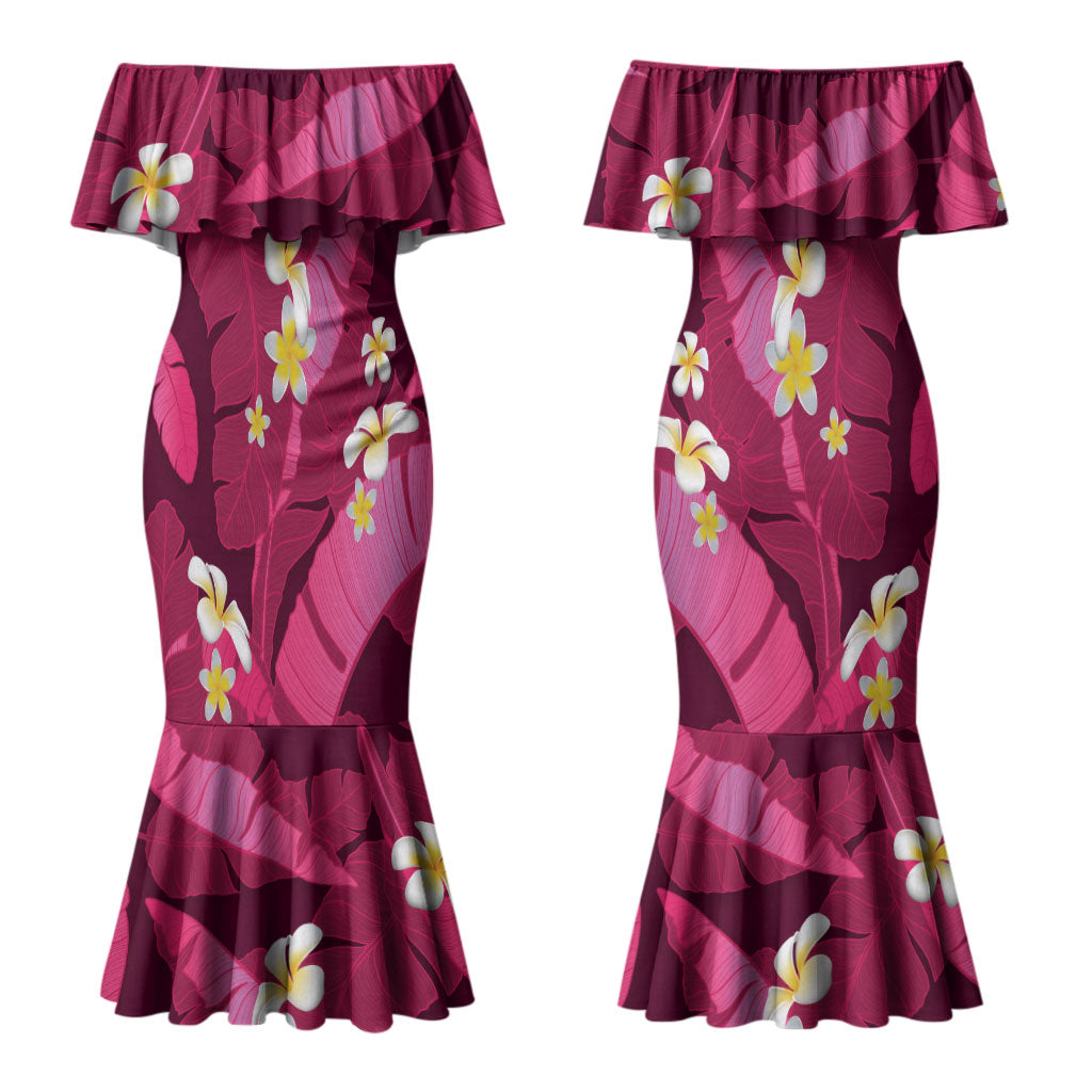 Pink Banana Leaf Hawaii Couples Matching Mermaid Dress and Long Sleeve Button Shirt Lau Maia Plumeria Tropical Summer Vibes LT14 - Polynesian Pride