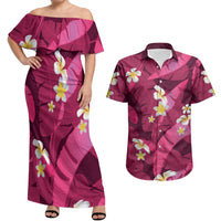 Pink Banana Leaf Hawaii Couples Matching Off Shoulder Maxi Dress and Hawaiian Shirt Lau Maia Plumeria Tropical Summer Vibes LT14 Pink - Polynesian Pride