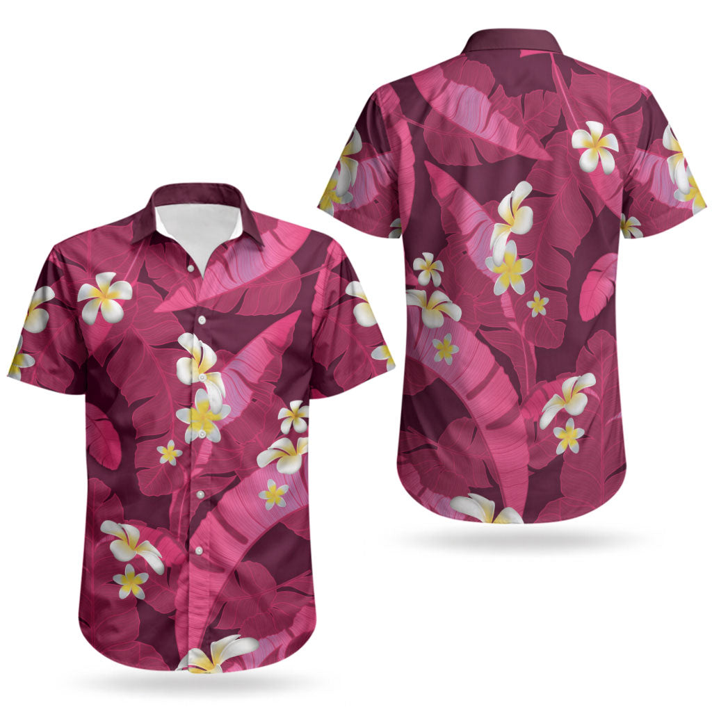 Pink Banana Leaf Hawaii Couples Matching Off Shoulder Maxi Dress and Hawaiian Shirt Lau Maia Plumeria Tropical Summer Vibes LT14 - Polynesian Pride