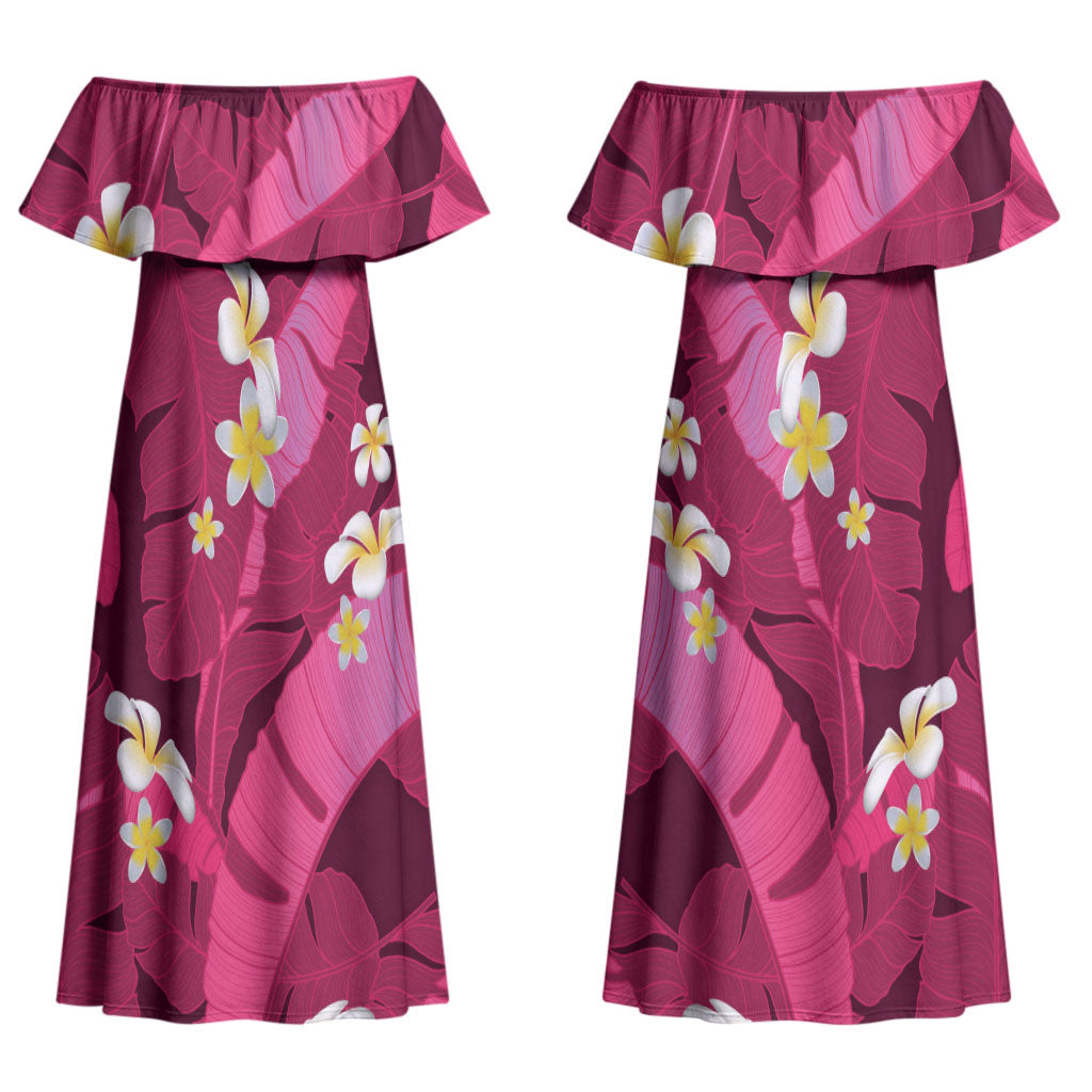 Pink Banana Leaf Hawaii Couples Matching Off Shoulder Maxi Dress and Hawaiian Shirt Lau Maia Plumeria Tropical Summer Vibes LT14 - Polynesian Pride