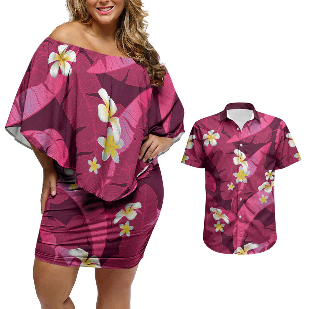 Pink Banana Leaf Hawaii Couples Matching Off Shoulder Short Dress and Hawaiian Shirt Lau Maia Plumeria Tropical Summer Vibes LT14 Pink - Polynesian Pride