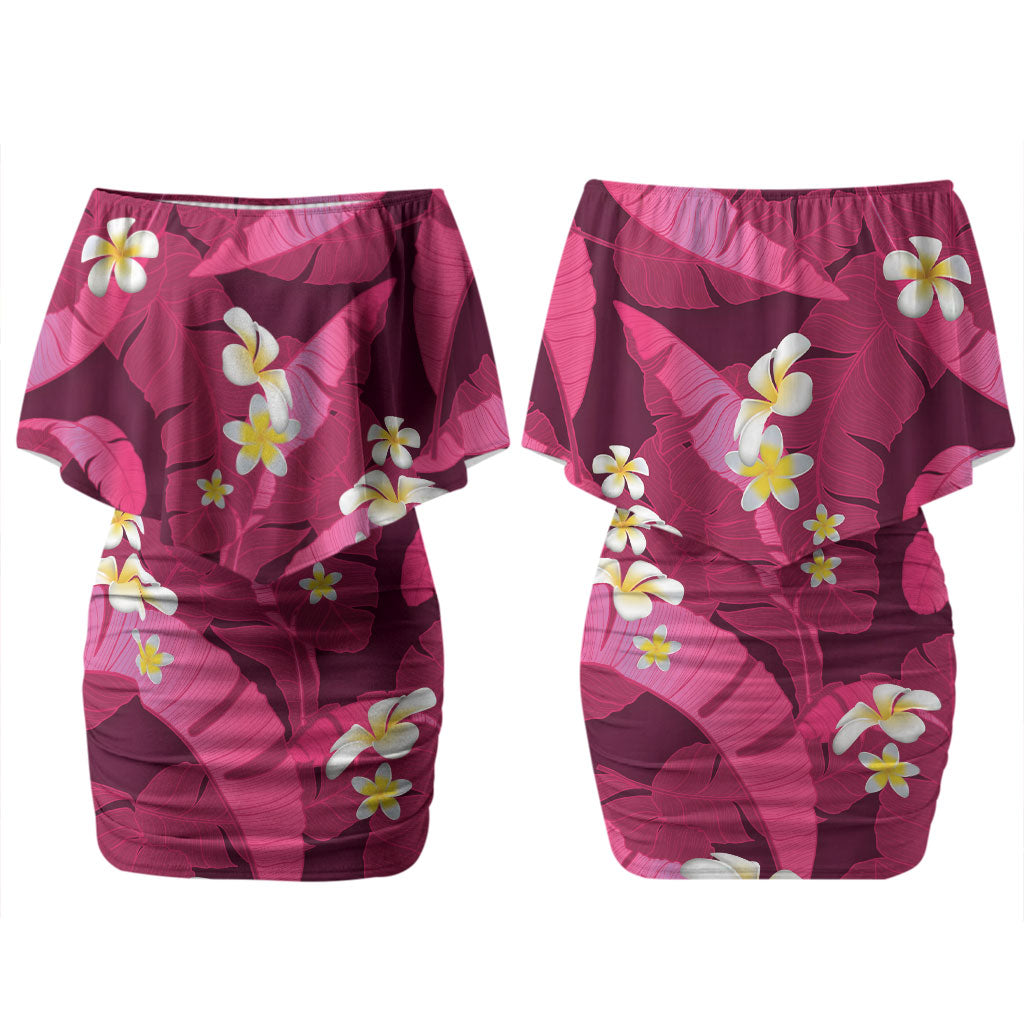 Pink Banana Leaf Hawaii Couples Matching Off Shoulder Short Dress and Long Sleeve Button Shirt Lau Maia Plumeria Tropical Summer Vibes LT14 - Polynesian Pride
