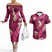 Pink Banana Leaf Hawaii Couples Matching Off The Shoulder Long Sleeve Dress and Hawaiian Shirt Lau Maia Plumeria Tropical Summer Vibes LT14 Pink - Polynesian Pride