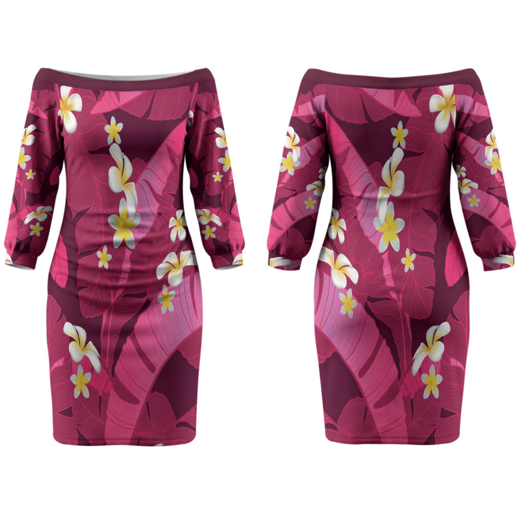 Pink Banana Leaf Hawaii Couples Matching Off The Shoulder Long Sleeve Dress and Long Sleeve Button Shirt Lau Maia Plumeria Tropical Summer Vibes LT14 - Polynesian Pride