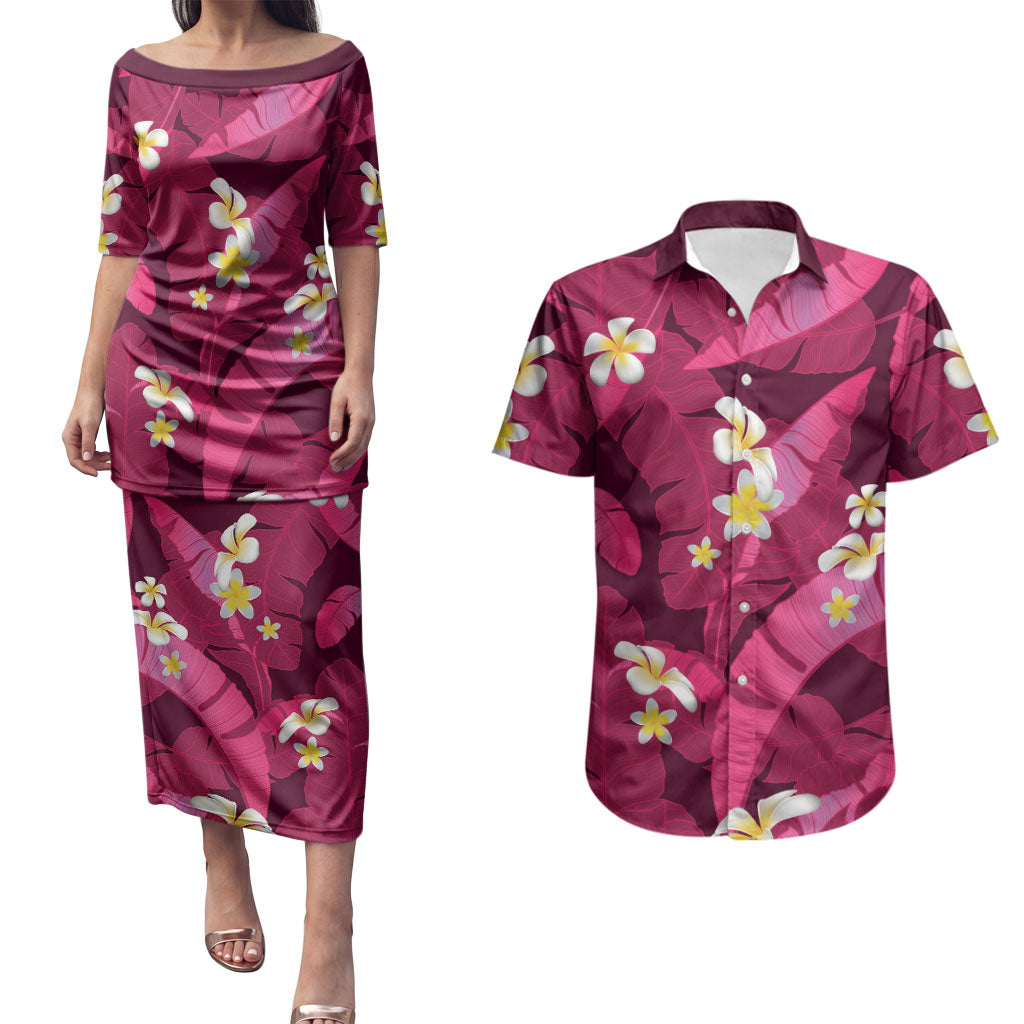 Pink Banana Leaf Hawaii Couples Matching Puletasi and Hawaiian Shirt Lau Maia Plumeria Tropical Summer Vibes LT14 Pink - Polynesian Pride