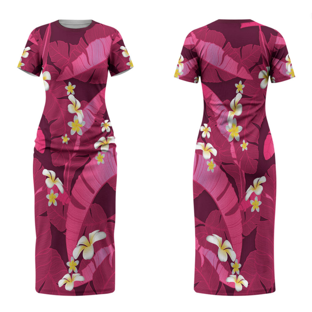 Pink Banana Leaf Hawaii Couples Matching Short Sleeve Bodycon Dress and Hawaiian Shirt Lau Maia Plumeria Tropical Summer Vibes LT14 - Polynesian Pride