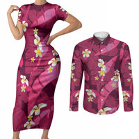 Pink Banana Leaf Hawaii Couples Matching Short Sleeve Bodycon Dress and Long Sleeve Button Shirt Lau Maia Plumeria Tropical Summer Vibes LT14 Pink - Polynesian Pride