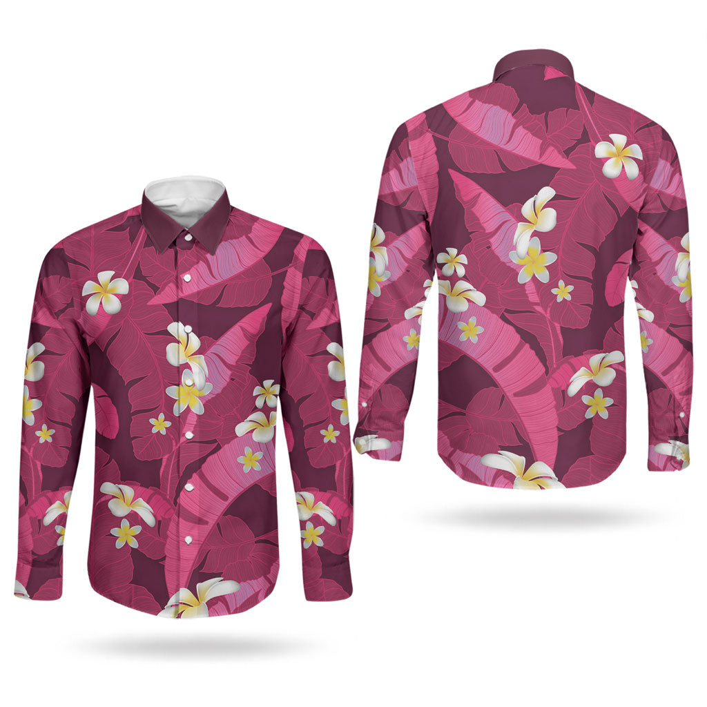 Pink Banana Leaf Hawaii Couples Matching Short Sleeve Bodycon Dress and Long Sleeve Button Shirt Lau Maia Plumeria Tropical Summer Vibes LT14 - Polynesian Pride