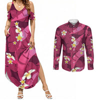 Pink Banana Leaf Hawaii Couples Matching Summer Maxi Dress and Long Sleeve Button Shirt Lau Maia Plumeria Tropical Summer Vibes LT14 Pink - Polynesian Pride