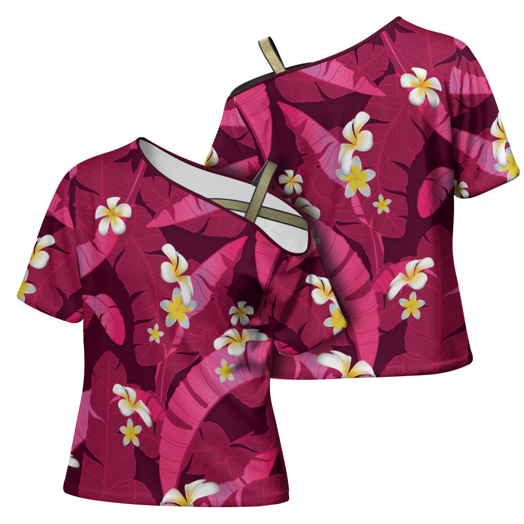 Pink Banana Leaf Hawaii Cross Shoulder Shirt Lau Maia Plumeria Tropical Summer Vibes LT14 - Polynesian Pride