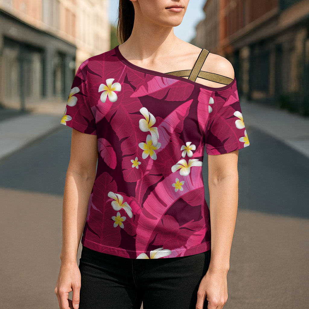 Pink Banana Leaf Hawaii Cross Shoulder Shirt Lau Maia Plumeria Tropical Summer Vibes LT14 - Polynesian Pride