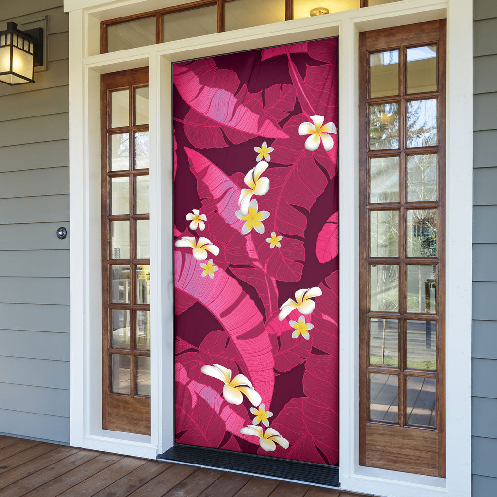Pink Banana Leaf Hawaii Door Cover Lau Maia Plumeria Tropical Summer Vibes LT14 - Polynesian Pride