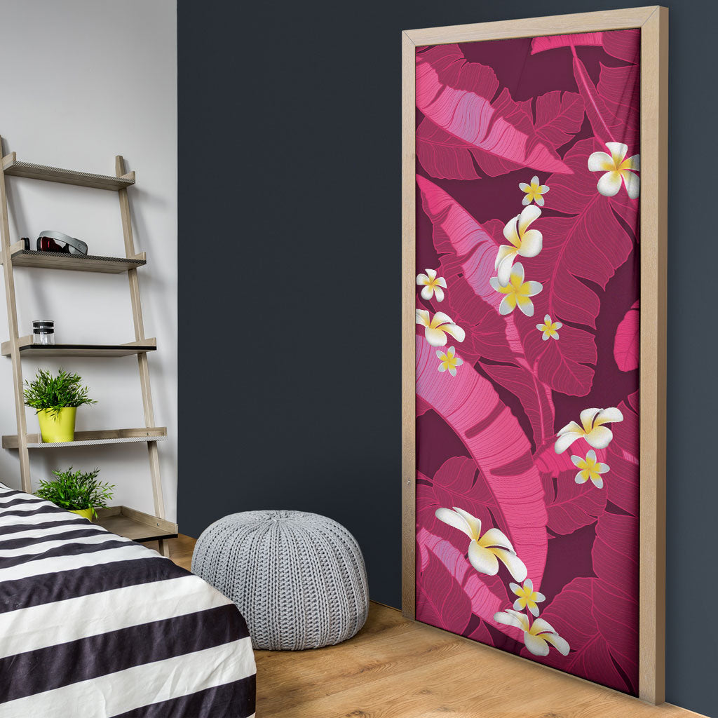 Pink Banana Leaf Hawaii Door Cover Lau Maia Plumeria Tropical Summer Vibes LT14 - Polynesian Pride
