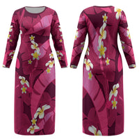 Pink Banana Leaf Hawaii Family Matching Long Sleeve Bodycon Dress and Hawaiian Shirt Lau Maia Plumeria Tropical Summer Vibes LT14 Mom's Dress Pink - Polynesian Pride