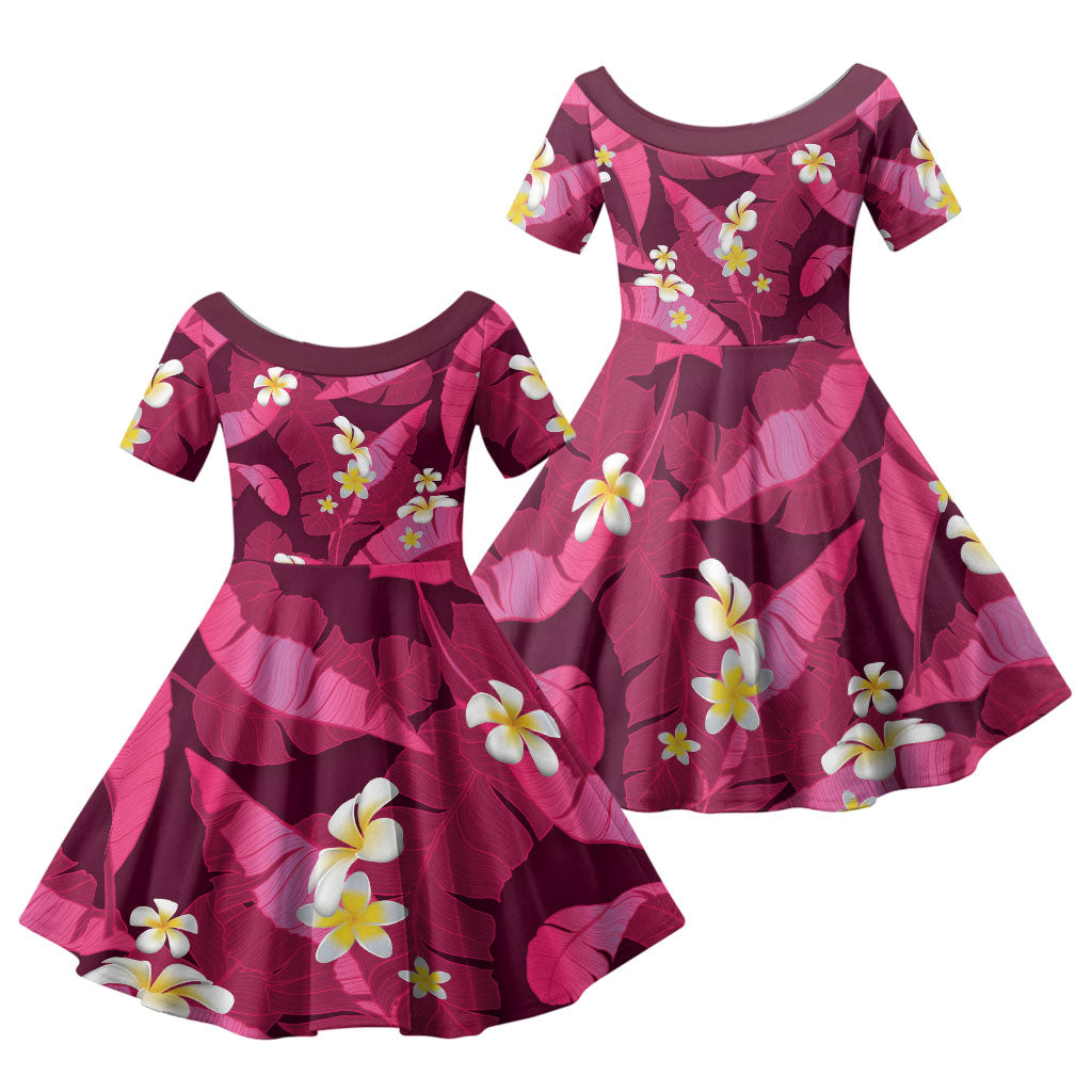 Pink Banana Leaf Hawaii Family Matching Long Sleeve Bodycon Dress and Hawaiian Shirt Lau Maia Plumeria Tropical Summer Vibes LT14 Daughter's Dress Pink - Polynesian Pride