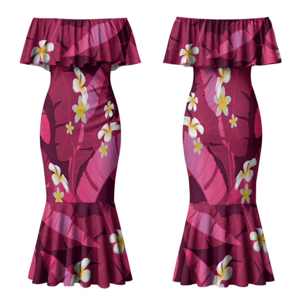 Pink Banana Leaf Hawaii Family Matching Mermaid Dress and Hawaiian Shirt Lau Maia Plumeria Tropical Summer Vibes LT14 Mom's Dress Pink - Polynesian Pride