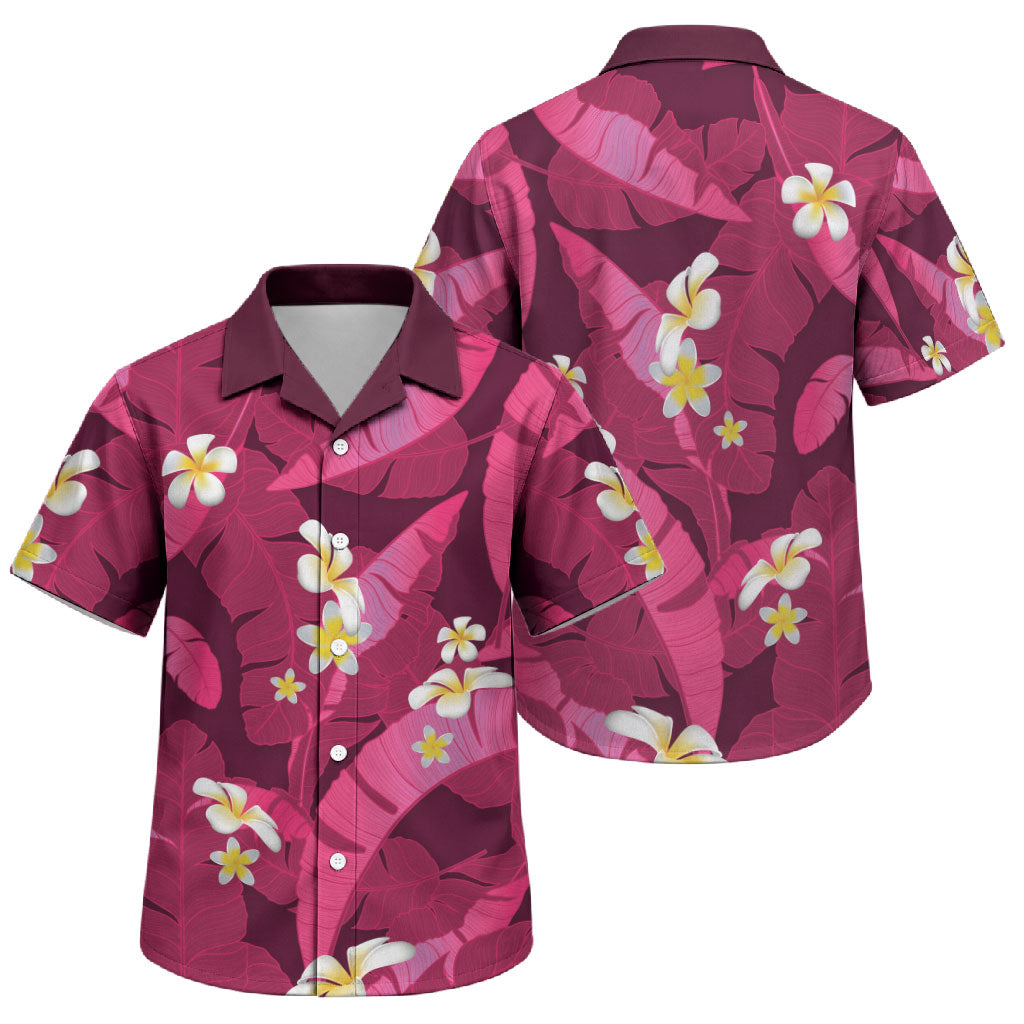 Pink Banana Leaf Hawaii Family Matching Off The Shoulder Long Sleeve Dress and Hawaiian Shirt Lau Maia Plumeria Tropical Summer Vibes LT14 Son's Shirt Pink - Polynesian Pride