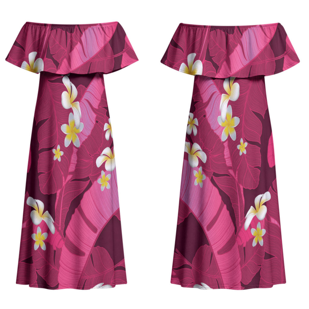 Pink Banana Leaf Hawaii Family Matching Off Shoulder Maxi Dress and Hawaiian Shirt Lau Maia Plumeria Tropical Summer Vibes LT14 Mom's Dress Pink - Polynesian Pride