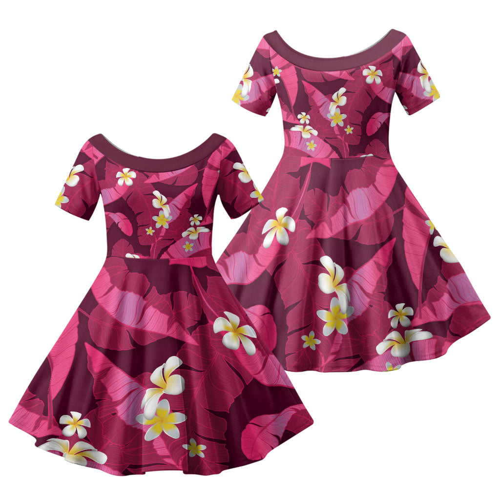 Pink Banana Leaf Hawaii Family Matching Off Shoulder Short Dress and Hawaiian Shirt Lau Maia Plumeria Tropical Summer Vibes LT14 Daughter's Dress Pink - Polynesian Pride