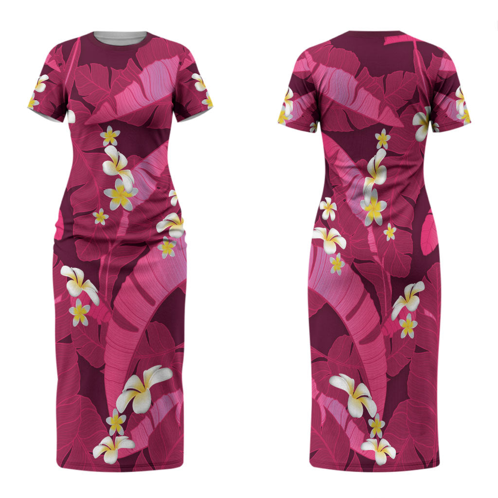 Pink Banana Leaf Hawaii Family Matching Short Sleeve Bodycon Dress and Hawaiian Shirt Lau Maia Plumeria Tropical Summer Vibes LT14 Mom's Dress Pink - Polynesian Pride