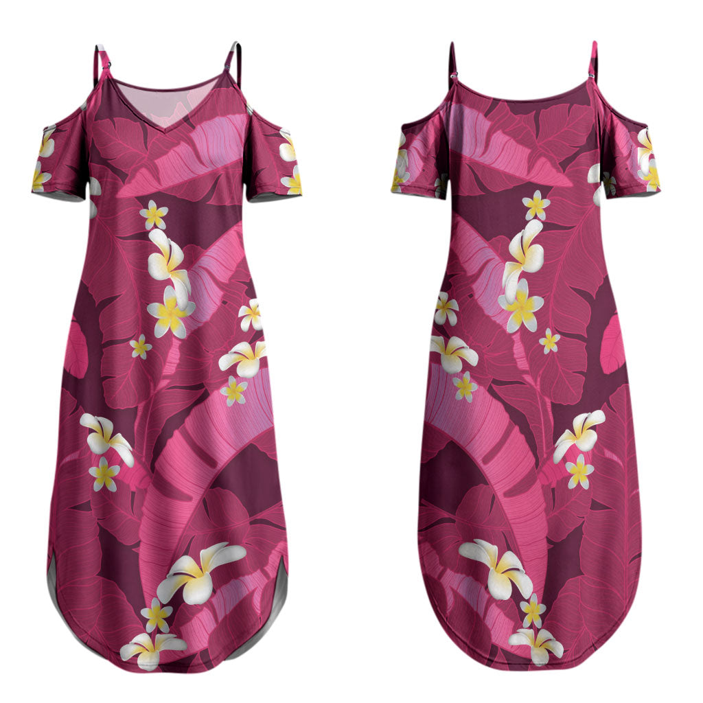 Pink Banana Leaf Hawaii Family Matching Summer Maxi Dress and Hawaiian Shirt Lau Maia Plumeria Tropical Summer Vibes LT14 Mom's Dress Pink - Polynesian Pride