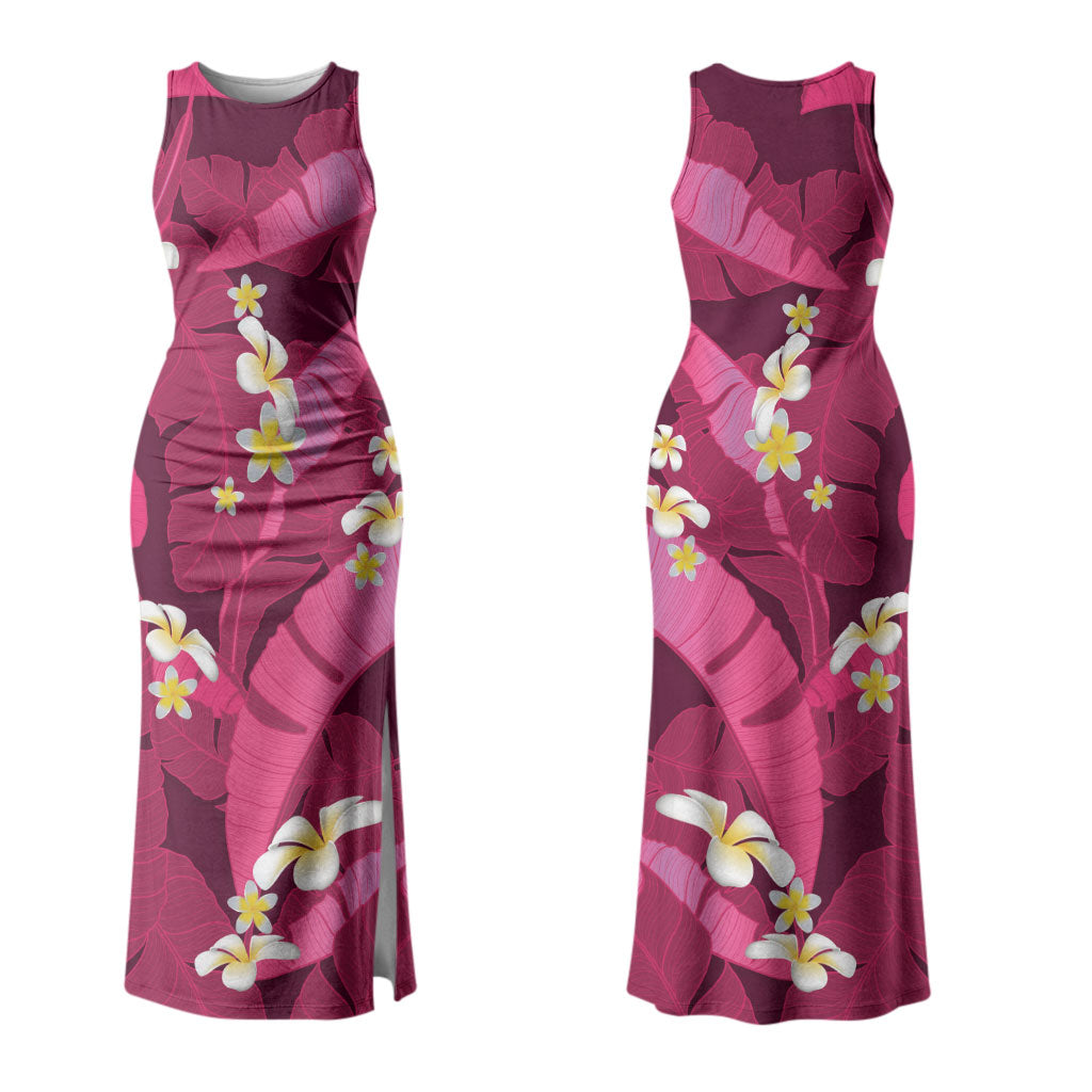Pink Banana Leaf Hawaii Family Matching Tank Maxi Dress and Hawaiian Shirt Lau Maia Plumeria Tropical Summer Vibes LT14 Mom's Dress Pink - Polynesian Pride