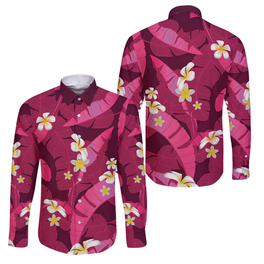 Pink Banana Leaf Hawaii Family Matching Tank Maxi Dress and Hawaiian Shirt Lau Maia Plumeria Tropical Summer Vibes LT14 Dad's Shirt - Long Sleeve Pink - Polynesian Pride