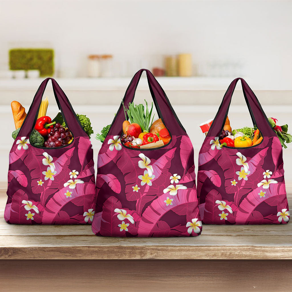 Pink Banana Leaf Hawaii Grocery Bag Lau Maia Plumeria Tropical Summer Vibes LT14 3-pack One Size Pink - Polynesian Pride
