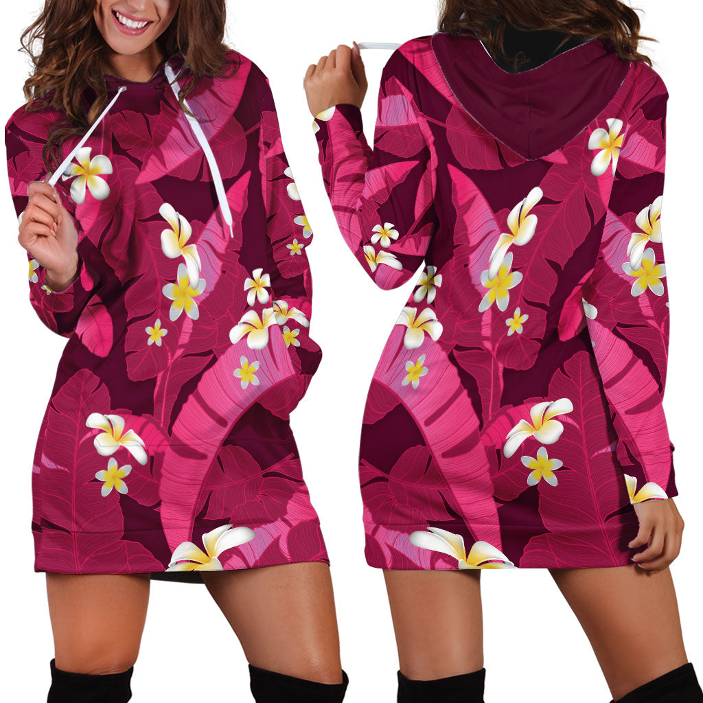 Pink Banana Leaf Hawaii Hoodie Dress Lau Maia Plumeria Tropical Summer Vibes LT14 - Polynesian Pride